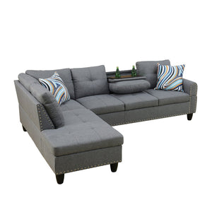 English Elm L Shaped Faux Leather Sectional Sofa with Cup Holders Nailhead Trim and Storage Ottoman Dark Gray Left W2817S00024