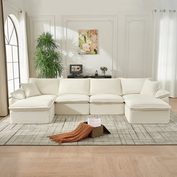English Elm 144" U-shaped Modular Sectional Corduroy Cloud Sofa Deep Cushioned Comfort for Living Room Beige W2817S00025