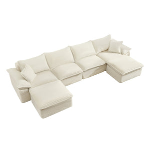 English Elm 144" U-shaped Modular Sectional Corduroy Cloud Sofa Deep Cushioned Comfort for Living Room Beige W2817S00025