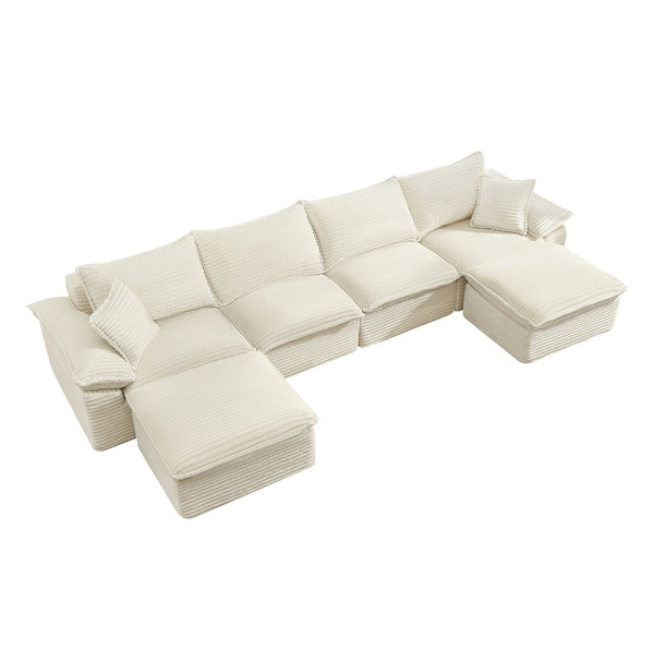 English Elm 144" U-shaped Modular Sectional Corduroy Cloud Sofa Deep Cushioned Comfort for Living Room Beige W2817S00025