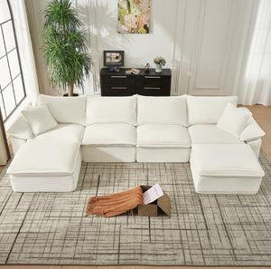 English Elm 144" U-shaped Modular Sectional Corduroy Cloud Sofa Deep Cushioned Comfort for Living Room Beige W2817S00025