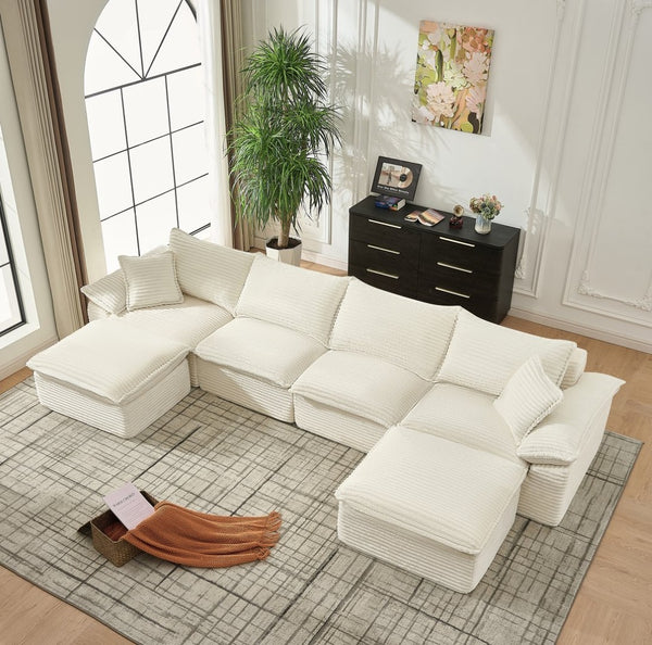 English Elm 144" U-shaped Modular Sectional Corduroy Cloud Sofa Deep Cushioned Comfort for Living Room Beige W2817S00025