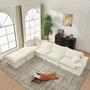English Elm 144" U-shaped Modular Sectional Corduroy Cloud Sofa Deep Cushioned Comfort for Living Room Beige W2817S00025
