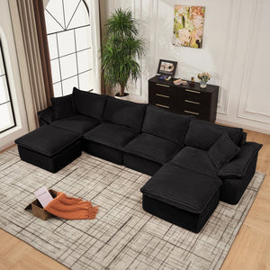 English Elm 144" U-shaped Modular Sectional Corduroy Cloud Sofa Deep Cushioned Comfort for Living Room Black W2817S00026