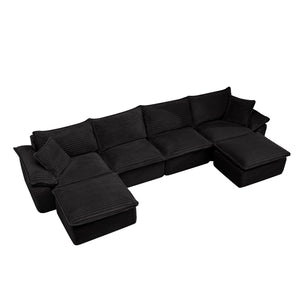 English Elm 144" U-shaped Modular Sectional Corduroy Cloud Sofa Deep Cushioned Comfort for Living Room Black W2817S00026