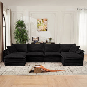 English Elm 144" U-shaped Modular Sectional Corduroy Cloud Sofa Deep Cushioned Comfort for Living Room Black W2817S00026