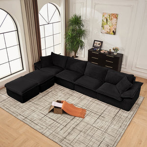 English Elm 144" U-shaped Modular Sectional Corduroy Cloud Sofa Deep Cushioned Comfort for Living Room Black W2817S00026