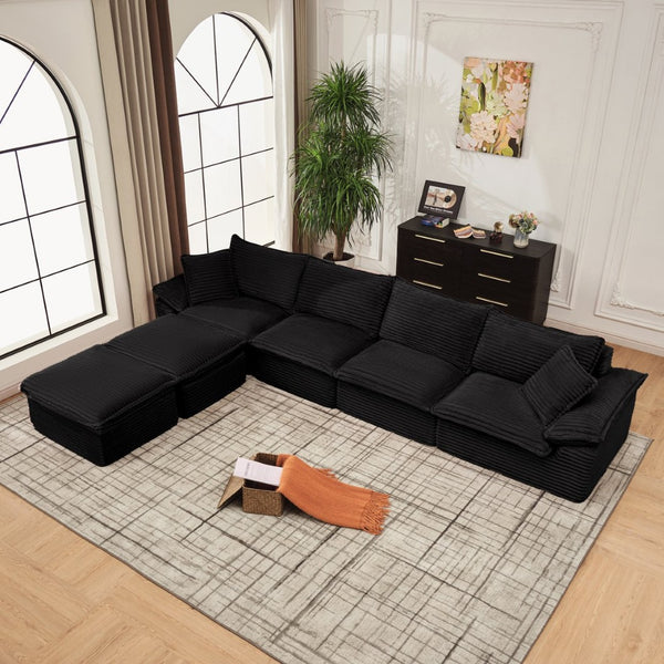 English Elm 144" U-shaped Modular Sectional Corduroy Cloud Sofa Deep Cushioned Comfort for Living Room Black W2817S00026
