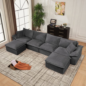 English Elm 144" U-shaped Modular Sectional Corduroy Cloud Sofa Deep Cushioned Comfort for Living Room Grey W2817S00027