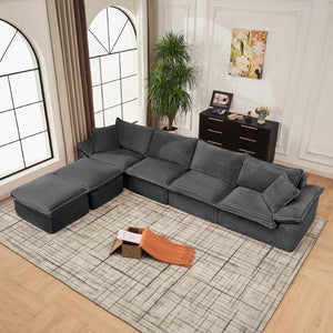 English Elm 144" U-shaped Modular Sectional Corduroy Cloud Sofa Deep Cushioned Comfort for Living Room Grey W2817S00027