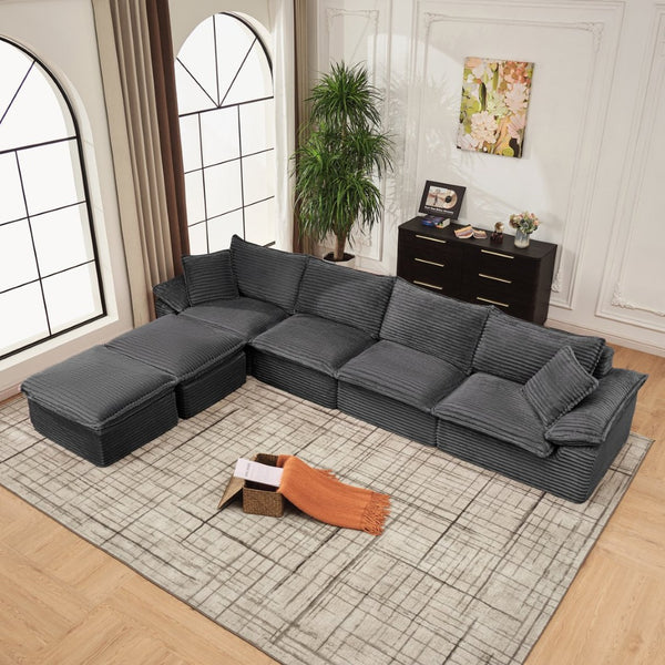 English Elm 144" U-shaped Modular Sectional Corduroy Cloud Sofa Deep Cushioned Comfort for Living Room Grey W2817S00027