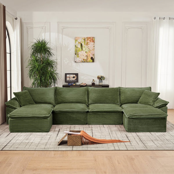 English Elm 144" U-shaped Modular Sectional Corduroy Cloud Sofa Deep Cushioned Comfort for Living Room Green W2817S00028