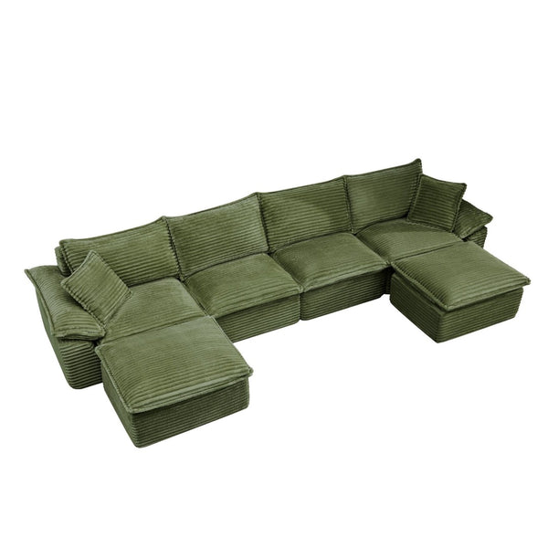 English Elm 144" U-shaped Modular Sectional Corduroy Cloud Sofa Deep Cushioned Comfort for Living Room Green W2817S00028