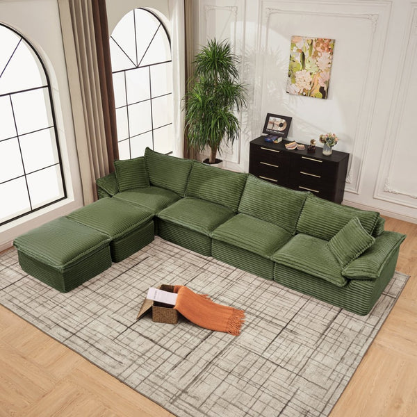 English Elm 144" U-shaped Modular Sectional Corduroy Cloud Sofa Deep Cushioned Comfort for Living Room Green W2817S00028