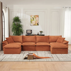 English Elm 144" U-shaped Modular Sectional Corduroy Cloud Sofa Deep Cushioned Comfort for Living Room Orange W2817S00029