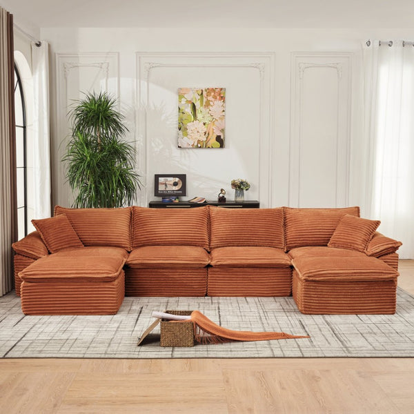 English Elm 144" U-shaped Modular Sectional Corduroy Cloud Sofa Deep Cushioned Comfort for Living Room Orange W2817S00029