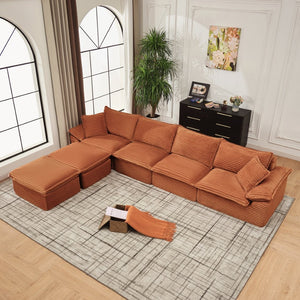 English Elm 144" U-shaped Modular Sectional Corduroy Cloud Sofa Deep Cushioned Comfort for Living Room Orange W2817S00029