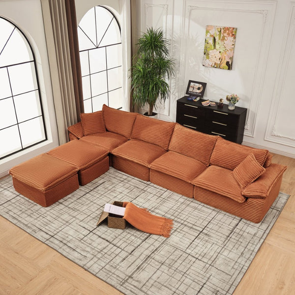 English Elm 144" U-shaped Modular Sectional Corduroy Cloud Sofa Deep Cushioned Comfort for Living Room Orange W2817S00029