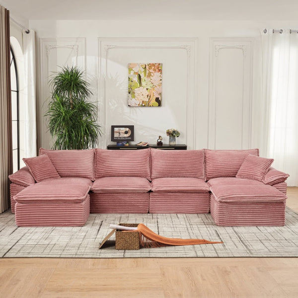 English Elm 144" U-shaped Modular Sectional Corduroy Cloud Sofa Deep Cushioned Comfort for Living Room Pink W2817S00030