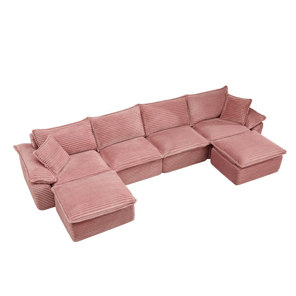 English Elm 144" U-shaped Modular Sectional Corduroy Cloud Sofa Deep Cushioned Comfort for Living Room Pink W2817S00030