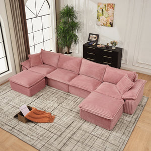 English Elm 144" U-shaped Modular Sectional Corduroy Cloud Sofa Deep Cushioned Comfort for Living Room Pink W2817S00030