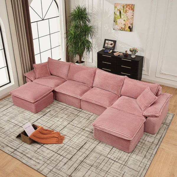 English Elm 144" U-shaped Modular Sectional Corduroy Cloud Sofa Deep Cushioned Comfort for Living Room Pink W2817S00030