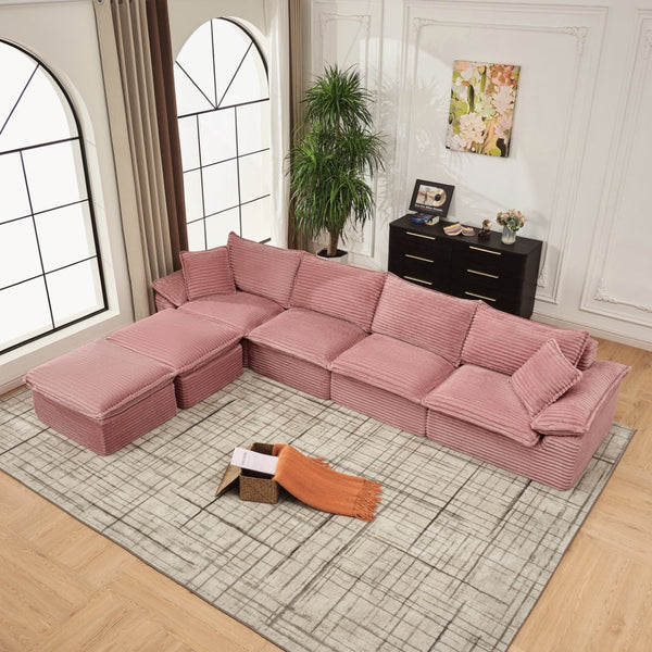 English Elm 144" U-shaped Modular Sectional Corduroy Cloud Sofa Deep Cushioned Comfort for Living Room Pink W2817S00030