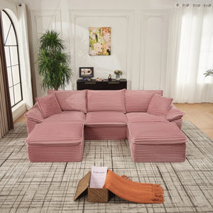 English Elm 113" Modular U-shaped Sectional Corduroy Cloud Couch with Movable Ottoman Living Room Pink W2817S00031