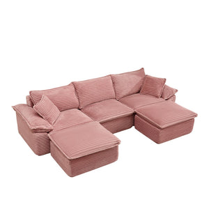 English Elm 113" Modular U-shaped Sectional Corduroy Cloud Couch with Movable Ottoman Living Room Pink W2817S00031