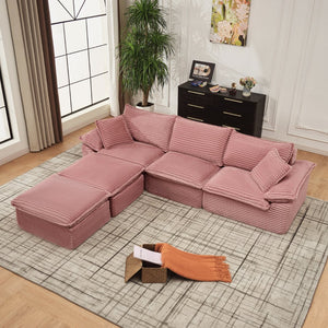 English Elm 113" Modular U-shaped Sectional Corduroy Cloud Couch with Movable Ottoman Living Room Pink W2817S00031