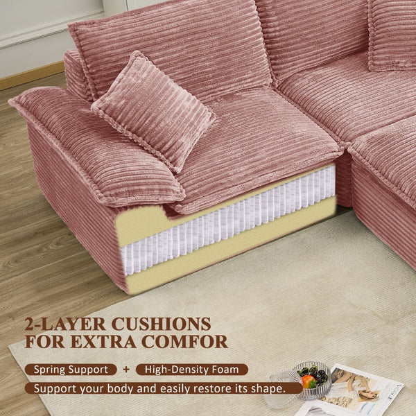 English Elm 113" Modular U-shaped Sectional Corduroy Cloud Couch with Movable Ottoman Living Room Pink W2817S00031