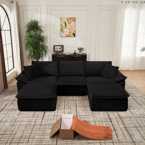 English Elm 113" Modular U-shaped Sectional Corduroy Cloud Couch with Movable Ottoman Living Room Black W2817S00032