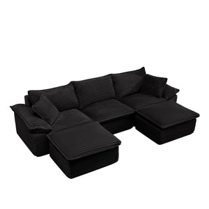 English Elm 113" Modular U-shaped Sectional Corduroy Cloud Couch with Movable Ottoman Living Room Black W2817S00032