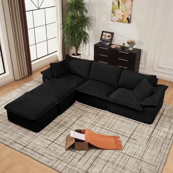 English Elm 113" Modular U-shaped Sectional Corduroy Cloud Couch with Movable Ottoman Living Room Black W2817S00032