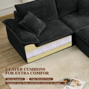 English Elm 113" Modular U-shaped Sectional Corduroy Cloud Couch with Movable Ottoman Living Room Black W2817S00032