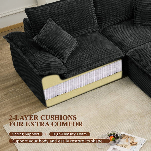 English Elm 113" Modular U-shaped Sectional Corduroy Cloud Couch with Movable Ottoman Living Room Black W2817S00032