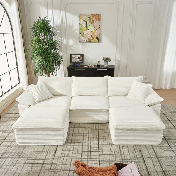 English Elm 113" Modular U-shaped Sectional Corduroy Cloud Couch with Movable Ottoman Living Room Beige W2817S00033