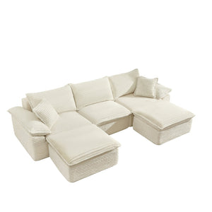 English Elm 113" Modular U-shaped Sectional Corduroy Cloud Couch with Movable Ottoman Living Room Beige W2817S00033
