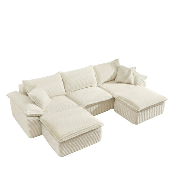 English Elm 113" Modular U-shaped Sectional Corduroy Cloud Couch with Movable Ottoman Living Room Beige W2817S00033
