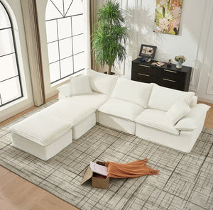English Elm 113" Modular U-shaped Sectional Corduroy Cloud Couch with Movable Ottoman Living Room Beige W2817S00033