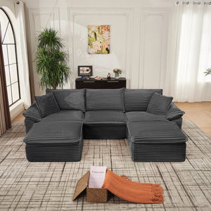 English Elm 113" Modular U-shaped Sectional Corduroy Cloud Couch with Movable Ottoman Living Room Grey W2817S00034