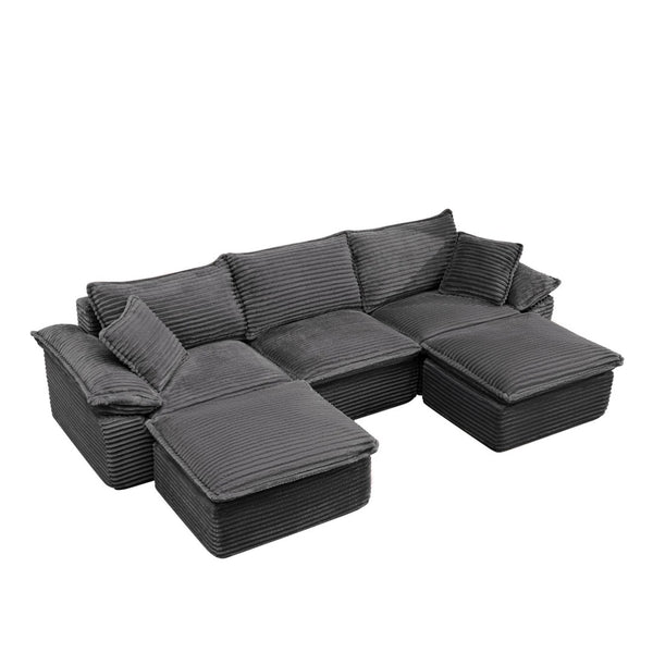 English Elm 113" Modular U-shaped Sectional Corduroy Cloud Couch with Movable Ottoman Living Room Grey W2817S00034