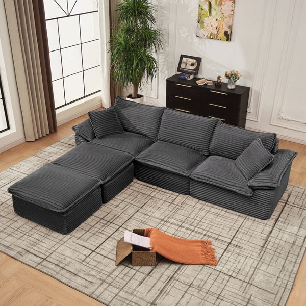 English Elm 113" Modular U-shaped Sectional Corduroy Cloud Couch with Movable Ottoman Living Room Grey W2817S00034