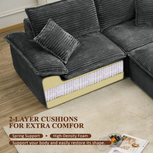 English Elm 113" Modular U-shaped Sectional Corduroy Cloud Couch with Movable Ottoman Living Room Grey W2817S00034
