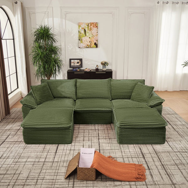 English Elm 113" Modular U-shaped Sectional Corduroy Cloud Couch with Movable Ottoman Living Room Green W2817S00035