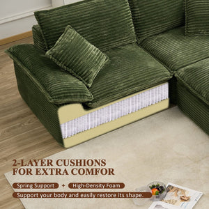English Elm 113" Modular U-shaped Sectional Corduroy Cloud Couch with Movable Ottoman Living Room Green W2817S00035