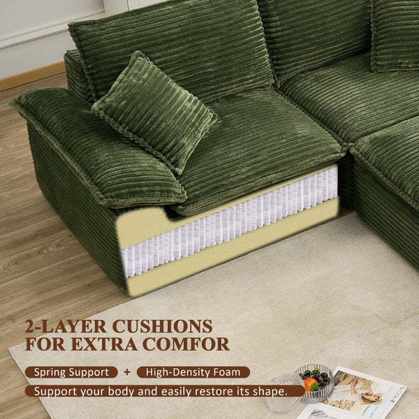English Elm 113" Modular U-shaped Sectional Corduroy Cloud Couch with Movable Ottoman Living Room Green W2817S00035