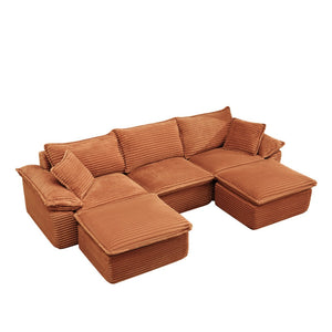 English Elm 113" Modular U-shaped Sectional Corduroy Cloud Couch with Movable Ottoman Living Room Orange W2817S00036