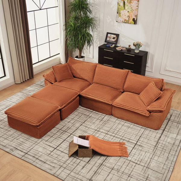 English Elm 113" Modular U-shaped Sectional Corduroy Cloud Couch with Movable Ottoman Living Room Orange W2817S00036