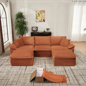 English Elm 113" Modular U-shaped Sectional Corduroy Cloud Couch with Movable Ottoman Living Room Orange W2817S00036